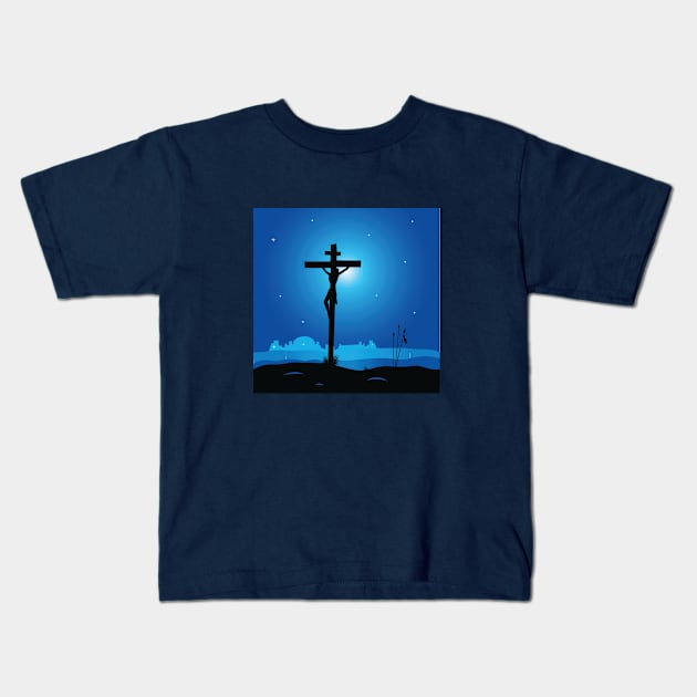 Jesus Christ Crucifixion Night Scene Kids T-Shirt by BEEANDGLOWFASHION